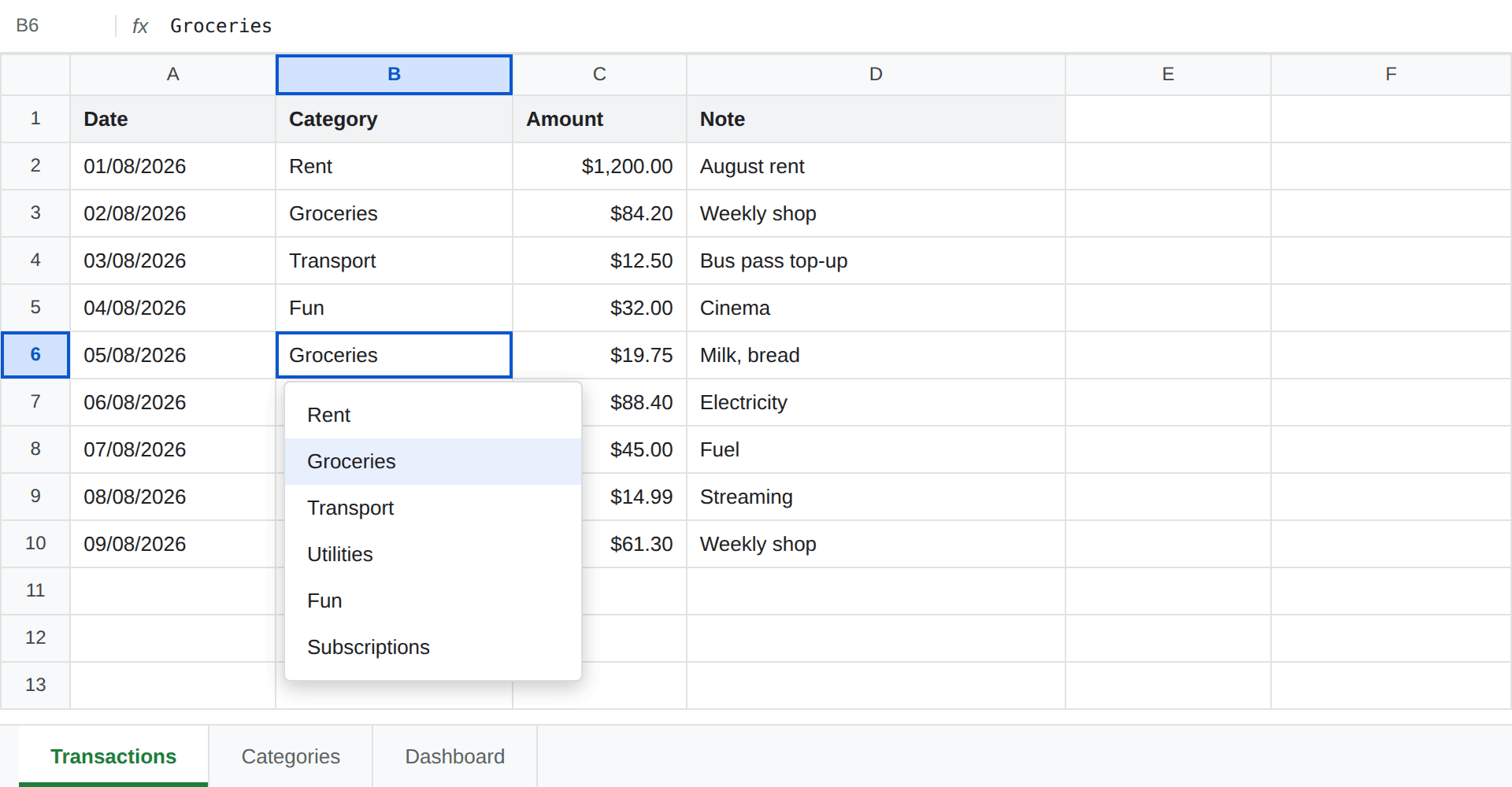 Category dropdown open on cell B6 of the Google Sheets Transactions tab, showing Rent, Groceries, Transport, Utilities, Fun and Subscriptions